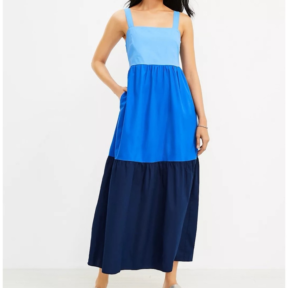 LOFT Women’s Colorblock Tiered Maxi Pocket Dres Blue Size Small